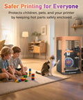 Enclosure Kit For AD5X 3D Printer With Optimized Design displayed in a child-safe room setting next to children and a cat.