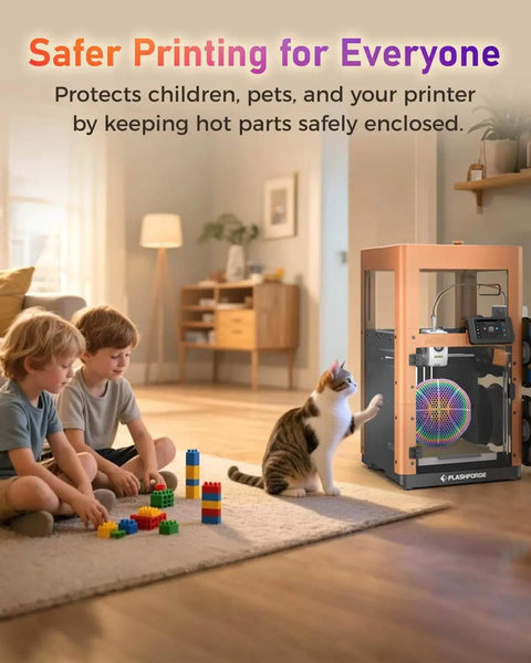 Enclosure Kit For AD5X 3D Printer With Optimized Design displayed in a child-safe room setting next to children and a cat.