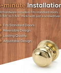 Colonial Door Knob in Polished Brass Finish, Dummy Function, 1 Pack against wood background with installation details
