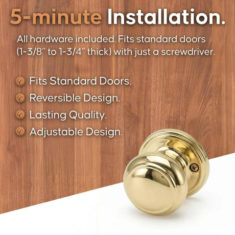 Colonial Door Knob in Polished Brass Finish, Dummy Function, 1 Pack against wood background with installation details