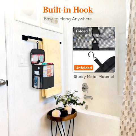 Quick Dry Mesh Shower Caddy with built-in hook hanging in bathroom, medium size, black, organizer for dorms, gym, travel, camping.