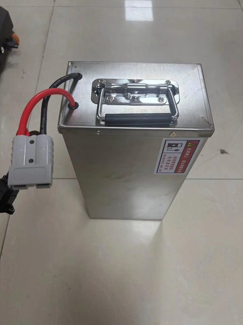 Heavy Duty 60Ah Lithium Battery For Electric Skates Works With Basic 10 To 30 Ton Modular Roller Transporters, top view with handle.