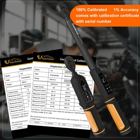 Digital Torque Wrench Set With Dual Direction Ratchets Three Eighths Inch Drive And One Half Inch Drive Range visible with calibration certificates