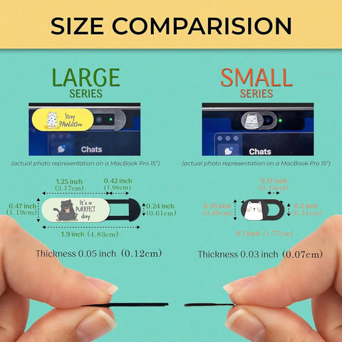 Size comparison of Slick Little Webcam Cover Slide For Laptops And Macbooks Featuring Adorable Cat Vibes, showing large and small series.