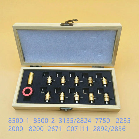 Pro Grade Metal Watch Repair Kit with Mainspring Winder displayed in wooden box with multiple precision components visible