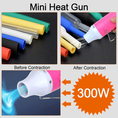 Portable 300W Hot Air Gun For DIY Resin Craft And Embossing All In One Shrink Wrap Cup Turner Resin Bubble Removal Dryer Pink Mini Handheld Tool With Stand showing before and after shrink effects on colored tubes.