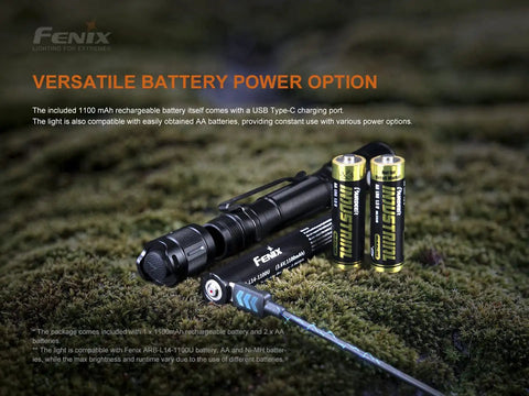 800 Lumen USB C Rechargeable AA Flashlight For EDC And Emergency Kits on moss with two AA batteries