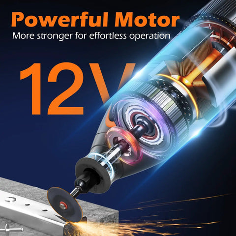 Close-up of 12V powerful motor in Hardcore 12V Cordless Rotary Tool Kit for efficient engraving and polishing.