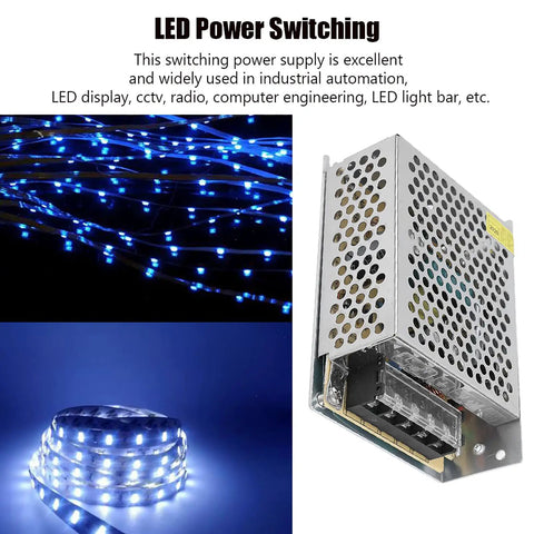 5V Power Supply For CCTV And LED Displays With Adjustable Voltage, Low Noise, Overload Protection, And Wide AC Input, Perfect For Industrial Automation Tasks, 5V 6A 30W, Model S 30 5, 100 To 240V metal power supply with LED strip and cable images