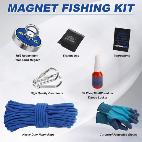 600 Pound Magnet Fishing Kit With 65 Foot Nylon Rope Neodymium Single Sided Magnet For River Treasure Hunting Heavy Duty Fishing Magnet Set For Lifting Metal Finds From Water showcasing components including blue rope, thread locker, carabiners, gloves, magnet, storage bag, and instructions.