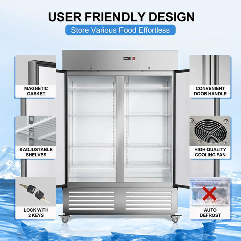 Badass Heavy Duty Upright Commercial Refrigerator Featuring 49 Cubic Feet Cooling Capacity And Durable Fingerprint Resistant Steel Shelves For Busy Kitchens, open design with 6 adjustable shelves.