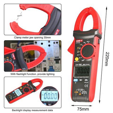 600A True RMS Digital Clamp Meter Multimeter With Auto Range Data Hold And Frequency Measurement, Overload Protection dimensions