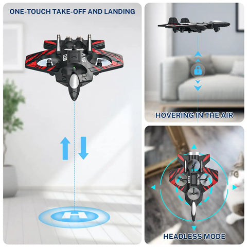 Foam RC Plane Fighter Jet with auto hover and 360 flip aerial stunts in headless mode, colorful LED lights for beginners indoors.