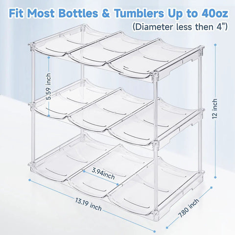 Stackable Water Bottle Organizer For 40 Oz Tumblers With Five Point Five Nine Inch Grid Spacing Perfect Cabinet And Pantry Storage Tumbler Holder For 30 And 40 Oz Insulated Cups Wine Rack Style Organizer 3 Pack side view