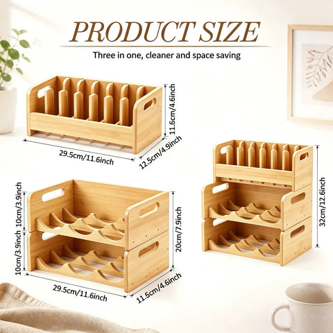 3 Piece Bamboo Water Bottle Organizer And Tumbler Lid Organizer Set With Two Tier Rack And Cup Lid Holder in kitchen