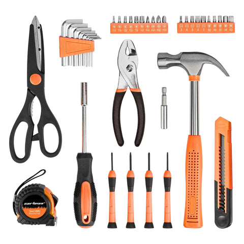 39 Piece Home Tool Set With Plastic Toolbox Storage Case Orange For DIY Projects And Everyday Household Repairs Includes Hammer Pliers Screwdrivers Tape Measure And More With Sturdy Heat Treated Chrome Plated Tools