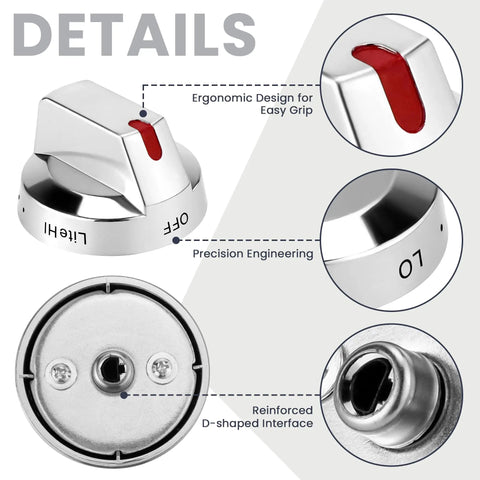 Upgraded DG64-00473A Burner Stove Knob Set with stainless steel knobs and reinforced D-shaped interface, universal fit for Samsung gas ovens