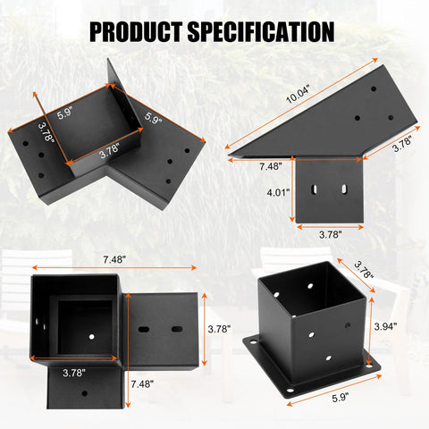 Product specifications for 30 Degree Slanted Pergola Bracket Kit for 4x4 Wood Pergolas showing dimensions and features.