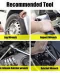 Recommended tools for automotive repair including lug wrench, impact wrench, quick release ratchet wrench, and ratchet wrench.