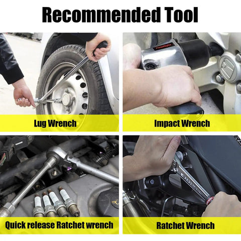 Recommended tools for automotive repair including lug wrench, impact wrench, quick release ratchet wrench, and ratchet wrench.