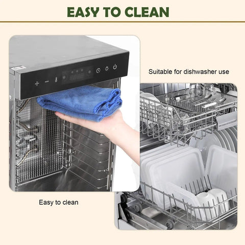 Premium Electric Food Dehydrator With Slick Dual Fan Heating On 12 Heavy Duty Stainless Steel Trays easy to clean features and dishwasher-safe design.