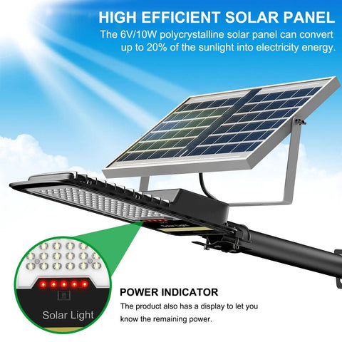 Solar Street Light Outdoor 15000 Lumen Flood Light IP67 Waterproof with solar panel and power indicator display.