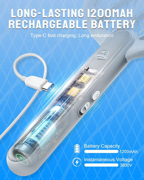 Close-up of 3800V Handheld Bug Zapper Racket With Type-C Rechargeable Battery showing 1200mAh battery and circuit detail