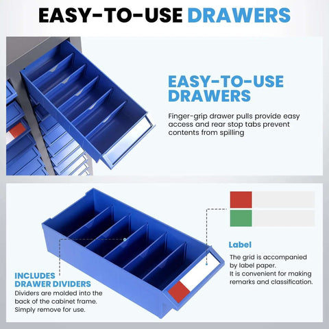 Heavy Duty 75 Drawer Parts Cabinet With 26 By 9 By 36 Inch Steel Frame And ABS Drawers Multi Purpose Nut And Bolt Organizer