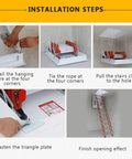 Installation steps for Electric Attic Stair Pull Down Ceiling Ladder Titanium Magnesium Alloy featuring hanging wire and rope tying.