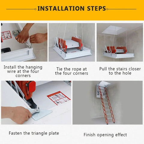 Installation steps for Electric Attic Stair Pull Down Ceiling Ladder Titanium Magnesium Alloy featuring hanging wire and rope tying.