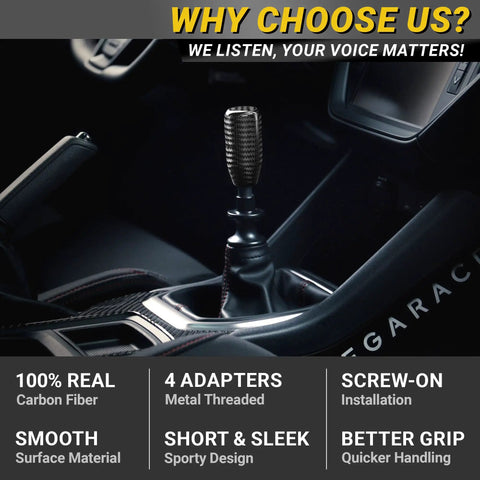 Interior car view with Real Carbon Fiber Shift Knob Upgrade With 4 Metal Adapters for 4 5 6 Speed Manual and Buttonless Automatic Transmissions