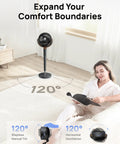 Bedroom Oscillating Pedestal Fan With DC Motor Ultra Quiet 20dB shown in a living room, highlighting 120 degree oscillation.