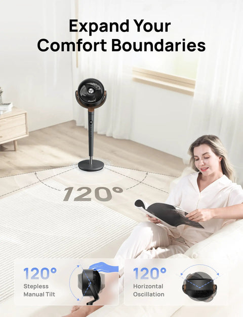 Bedroom Oscillating Pedestal Fan With DC Motor Ultra Quiet 20dB shown in a living room, highlighting 120 degree oscillation.