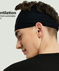 Side view of man wearing black 5 Pack Moisture Wicking Workout Headbands For Men And Women, Sweatbands For Running, Cycling, Football, And Yoga