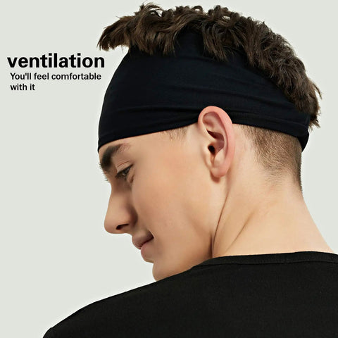 Side view of man wearing black 5 Pack Moisture Wicking Workout Headbands For Men And Women, Sweatbands For Running, Cycling, Football, And Yoga