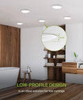Modern bathroom with 6 Inch LED Disk Lights, Dimmable, 15W, 5CCT 2700K-5000K, showcasing low-profile ceiling installation.