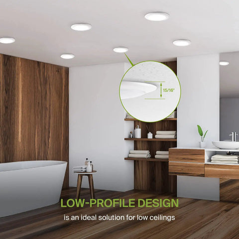 Modern bathroom with 6 Inch LED Disk Lights, Dimmable, 15W, 5CCT 2700K-5000K, showcasing low-profile ceiling installation.