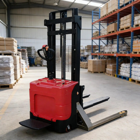 Maneuverable Narrow Aisle Pallet Jack For Easy Warehouse Hauling with a red base and slim design, ideal for tight spaces.