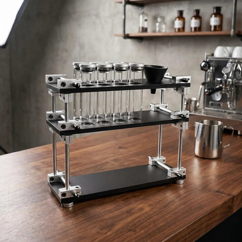 Keep Your Morning Brew On Lock With This Sleek Single Dose Coffee Bean Storage Rack Featuring Eight Smooth Glass Jars Precision Dosing Funnels And True One Way Seals For Every Chill Home Brewer on a wooden counter