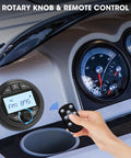 Waterproof Marine Bluetooth Stereo Head Unit With AM FM Radio, 2.8 Inch LCD Display, shown with remote control in boat
