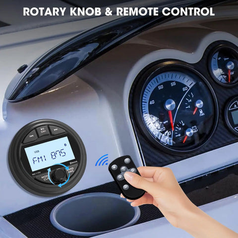 Waterproof Marine Bluetooth Stereo Head Unit With AM FM Radio, 2.8 Inch LCD Display, shown with remote control in boat