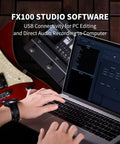 Musician editing sounds on laptop connected to Guitar Multi-Effects Pedal With 55 Amp Models And 151 Effects via FX100 studio software.