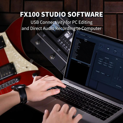 Musician editing sounds on laptop connected to Guitar Multi-Effects Pedal With 55 Amp Models And 151 Effects via FX100 studio software.