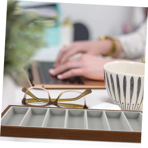 Keep Your Gear Sorted With This Hella Practical 3 Piece Wooden Sunglasses Display Stand Featuring Seven Grid Compartments And Soft Cloth Lining For Shades Jewelry And Watches on desk with glasses and coffee cup.