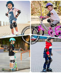 Kids wearing black medium protective gear set with knee, elbow, wrist guards for skateboarding, cycling, scooter riding, roller skating.