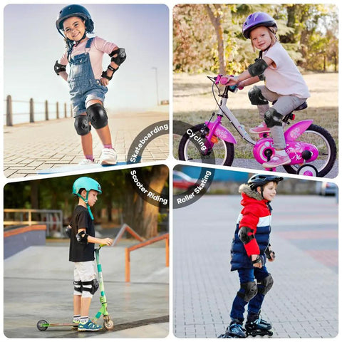 Kids wearing black medium protective gear set with knee, elbow, wrist guards for skateboarding, cycling, scooter riding, roller skating.