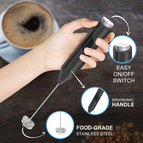 Milk Frother Handheld Electric Blender Stick with Double Coil Stainless Steel Whisk, battery operated foam maker for coffee.