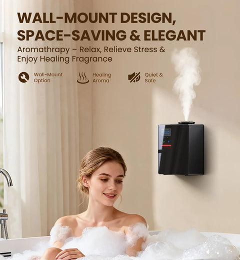 Chill Out Your Space With This Waterless Essential Oil Diffuser wall-mounted above a person in a bathtub, emitting cold vapor.