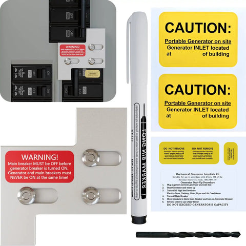 Generator Interlock Kit For 150 And 200 Amp Electrical Panels With A One And One Quarter Inch Gap Between Main And Branch Breakers Easy No Fuss Install And Drill Bit Included For Safe Home Backup Power visible with components like pen, caution labels, and drill bit.