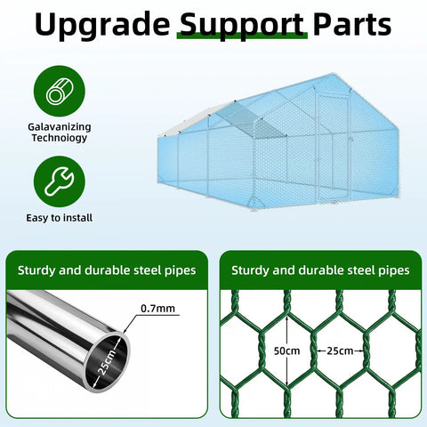 Diagram of Heavy Duty Walk In Chicken Run Pen 10x20 Feet With Predator Proof Galvanized Hardware Cloth Cage and features.